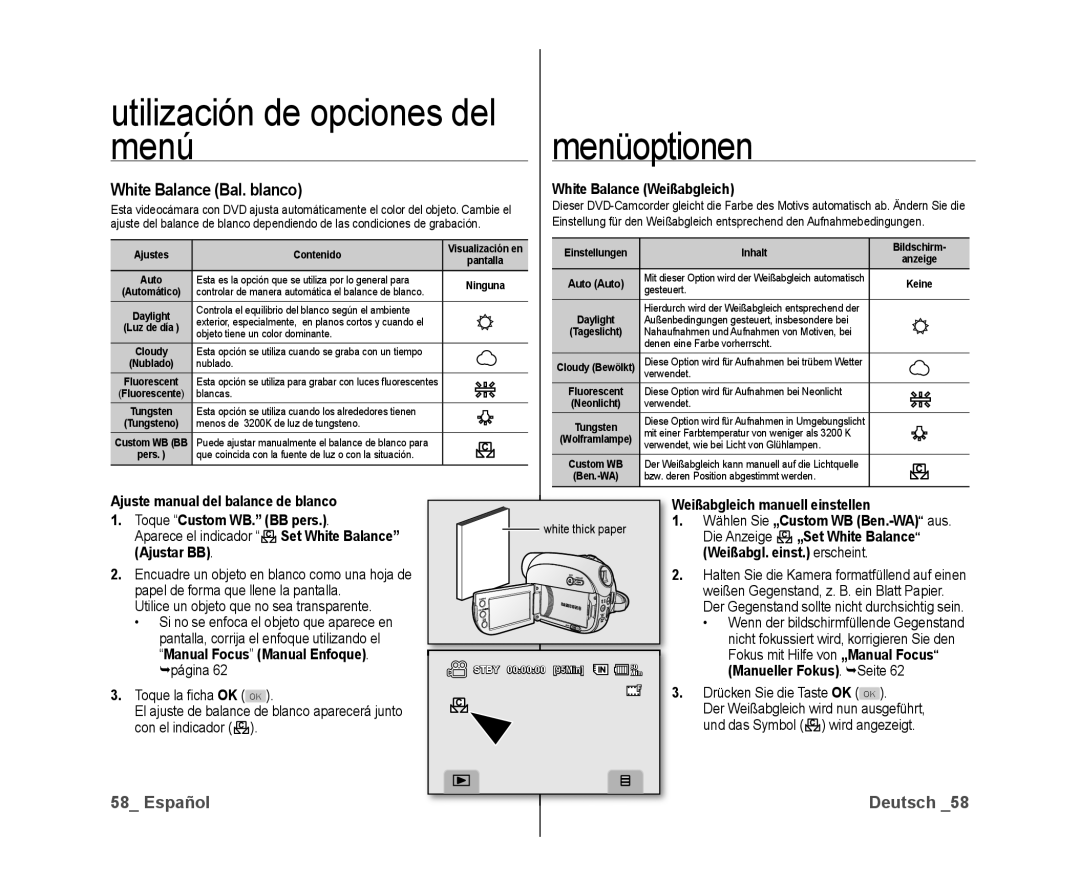 Samsung VP-DX10/XEO manual White Balance Bal. blanco, White Balance Weißabgleich, Utilice un objeto que no sea transparente 