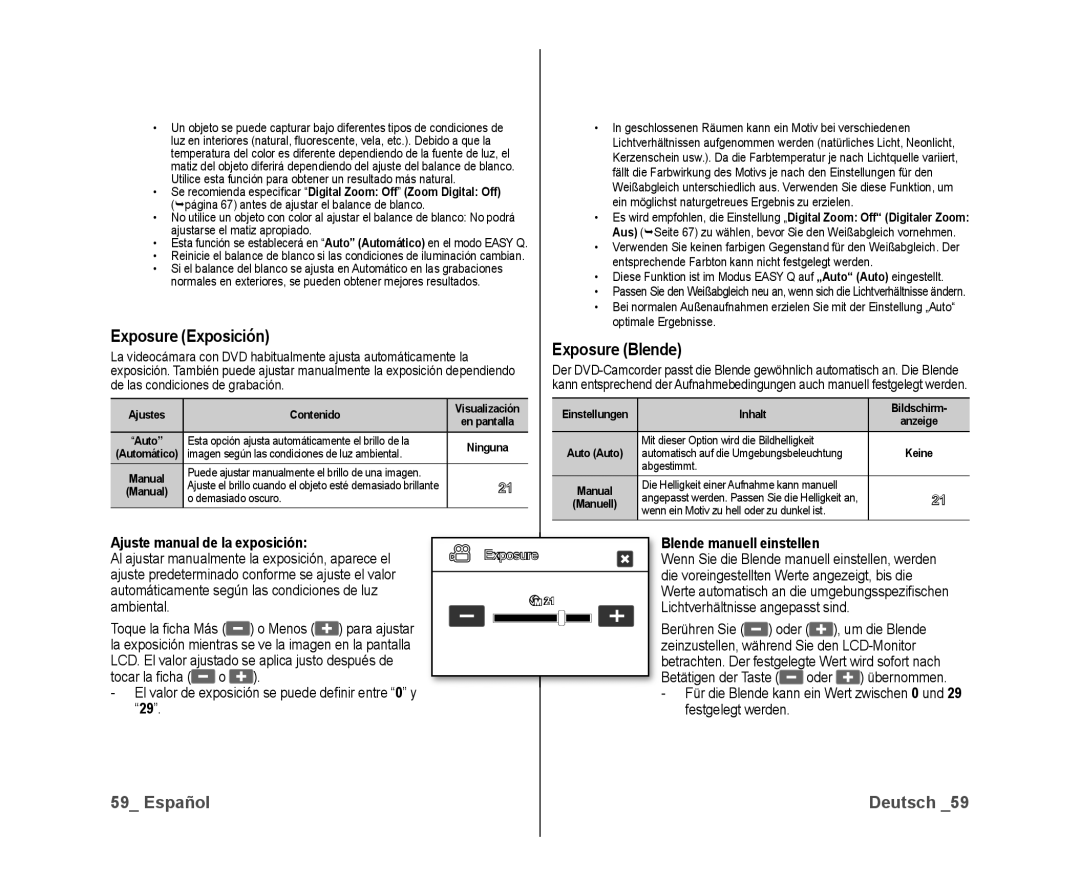Samsung VP-DX10/XEE Exposure Exposición, Exposure Blende, Ajuste manual de la exposición, Blende manuell einstellen 
