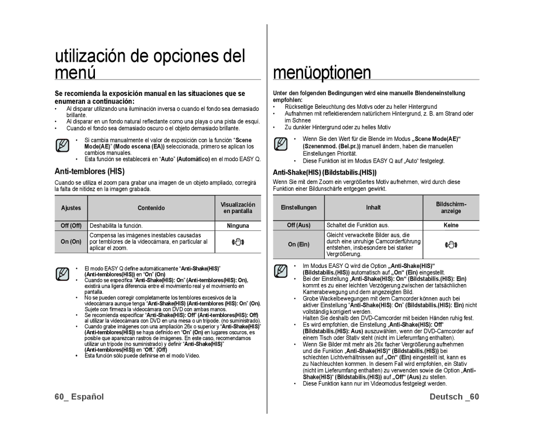 Samsung VP-DX10/XEF, VP-DX10/XEO, VP-DX10/XEE manual Anti-temblores HIS, Anti-ShakeHIS Bildstabilis.HIS 