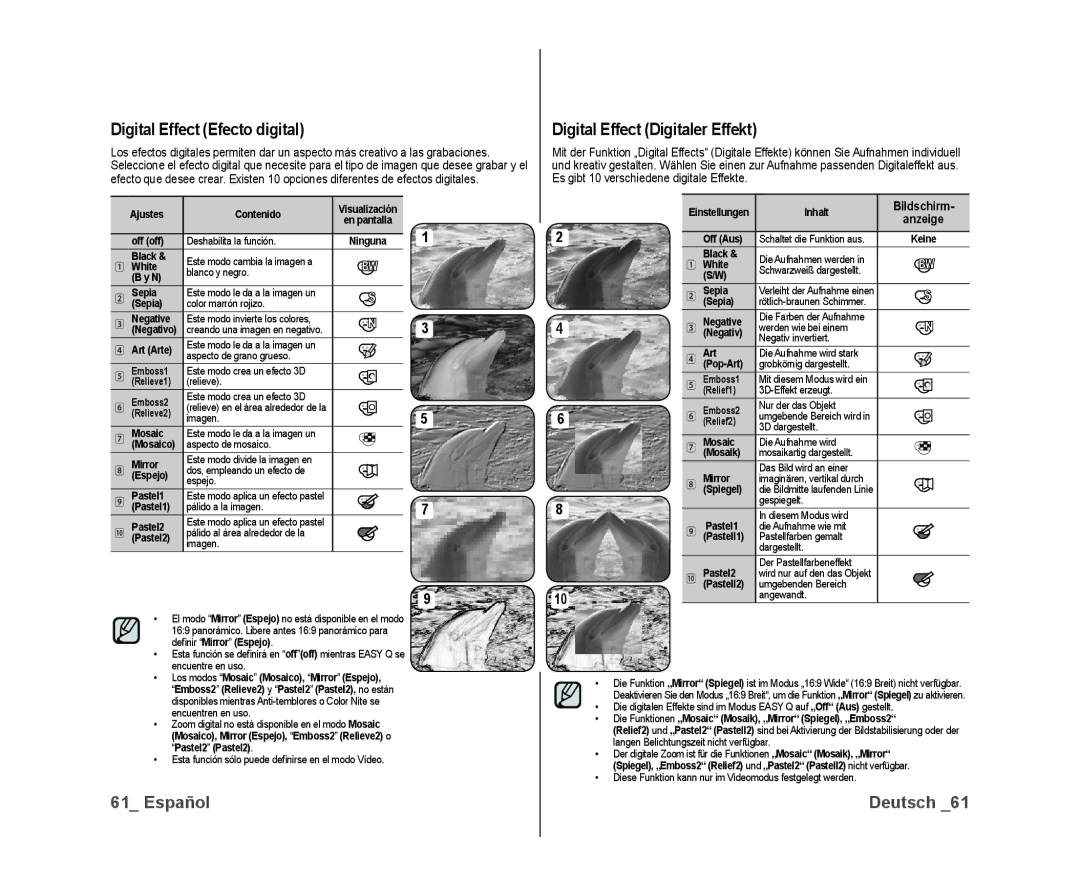 Samsung VP-DX10/XEO, VP-DX10/XEF, VP-DX10/XEE manual Digital Effect Efecto digital, Digital Effect Digitaler Effekt 