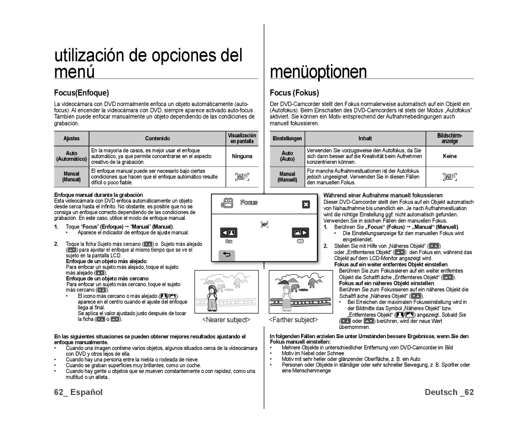 Samsung VP-DX10/XEE, VP-DX10/XEF, VP-DX10/XEO manual FocusEnfoque, Focus Fokus, Nearer subject, Farther subject 