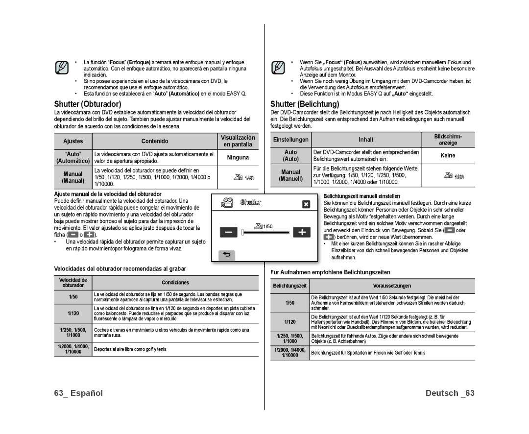 Samsung VP-DX10/XEF, VP-DX10/XEO, VP-DX10/XEE manual Shutter Obturador, Shutter Belichtung 