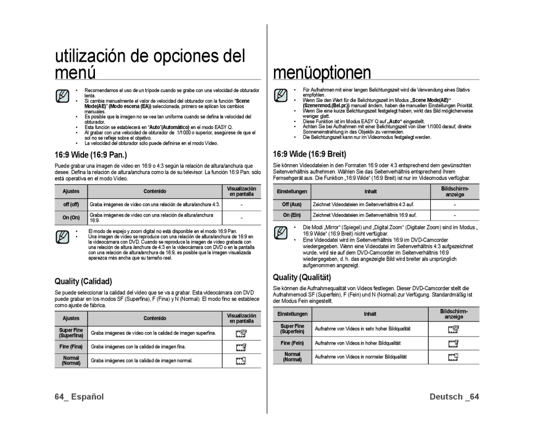 Samsung VP-DX10/XEO, VP-DX10/XEF, VP-DX10/XEE manual Wide 169 Pan, Quality Calidad, Wide 169 Breit, Quality Qualität 