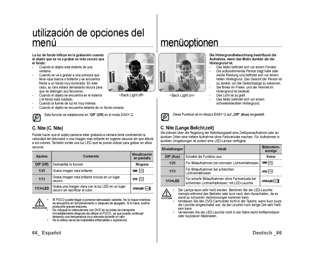 Samsung VP-DX10/XEF manual Nite C. Nite, Nite Lange Belicht.zeit, Back Light on, Aufnahme, wenn das Motiv dunkler als der 