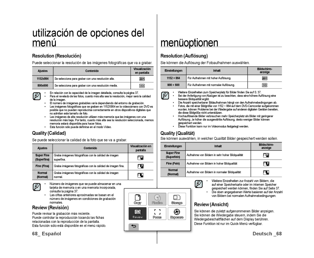 Samsung VP-DX10/XEE, VP-DX10/XEF, VP-DX10/XEO Resolution Resolución, Resolution Auﬂösung, Quality Calidad Quality Qualität 