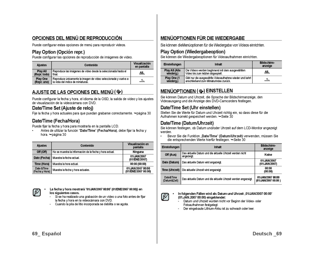 Samsung VP-DX10/XEF Opciones DEL Menú DE Reproducción, Ajuste DE LAS Opciones DEL Menú, Menüoptionen FÜR DIE Wiedergabe 