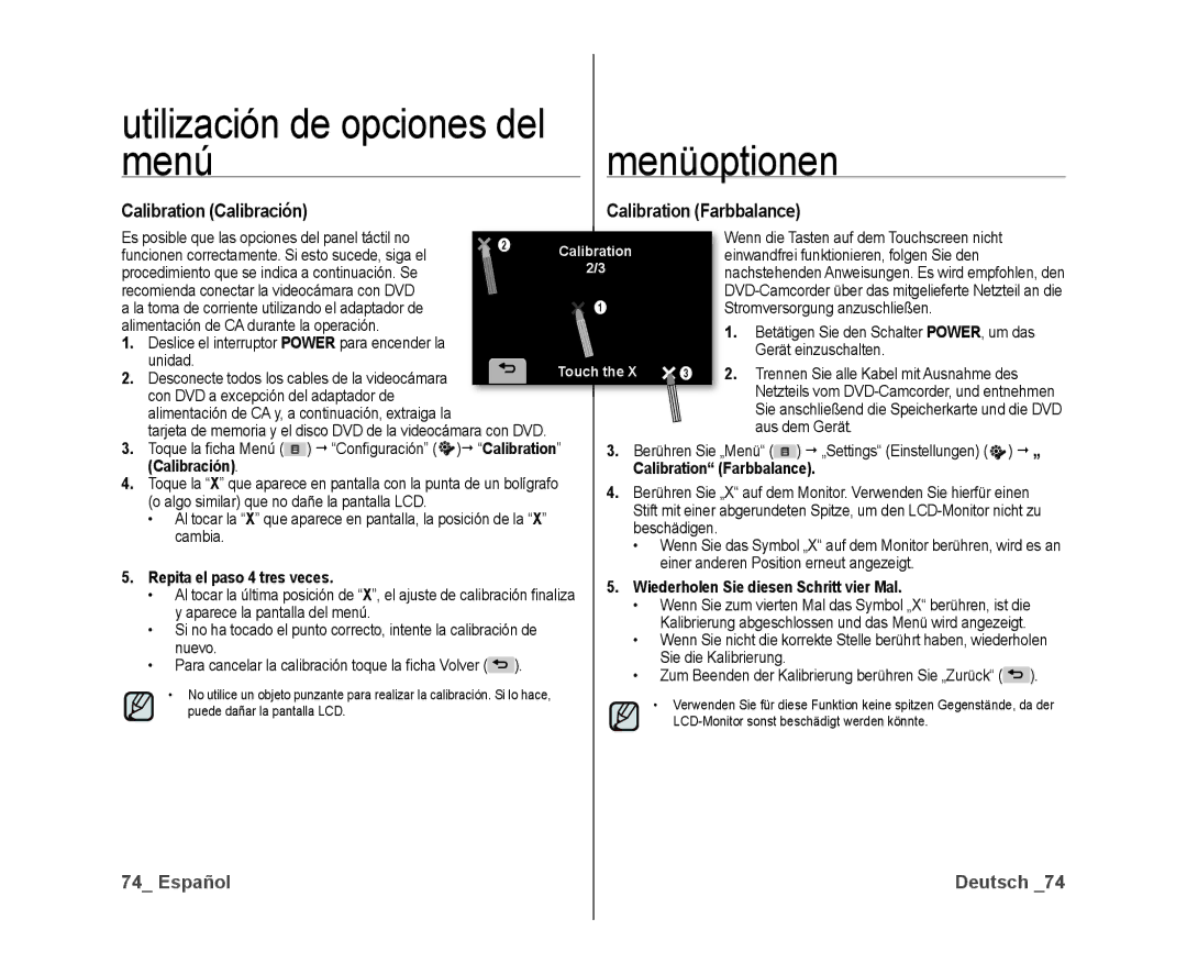 Samsung VP-DX10/XEE manual Utilización de opciones del Menúmenüoptionen, Calibration Calibración Calibration Farbbalance 