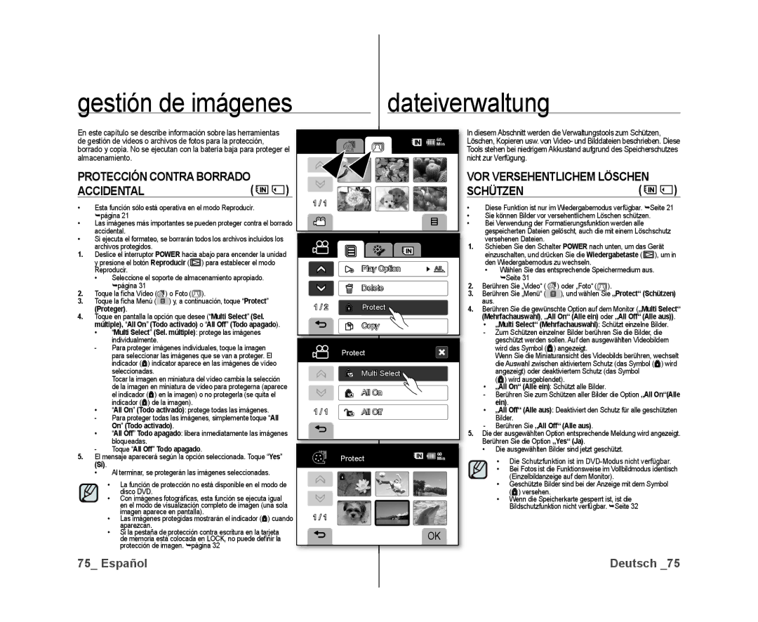 Samsung VP-DX10/XEF, VP-DX10/XEO manual Gestión de imágenes Dateiverwaltung, Protección Contra Borrado Accidental, Schützen 