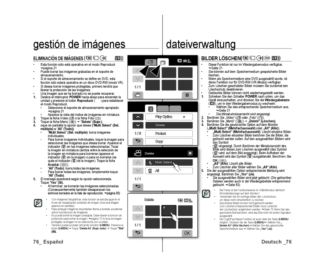 Samsung VP-DX10/XEO, VP-DX10/XEF Bilder Löschen, Todo „Multi Select Mehrfachauswahl oder „All Alle, Aceptar OK, All Todo 