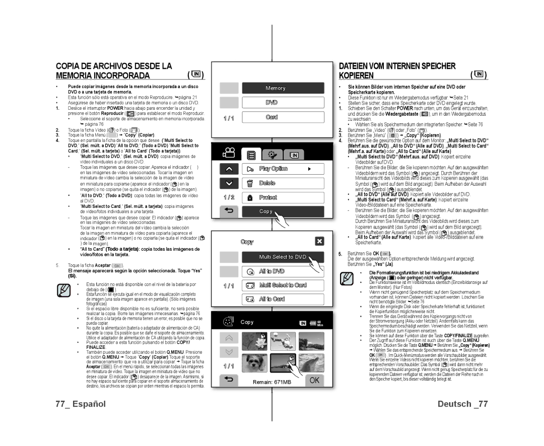 Samsung VP-DX10/XEE, VP-DX10/XEF, VP-DX10/XEO manual Memoria Incorporada, Dateien VOM Internen Speicher Kopieren 