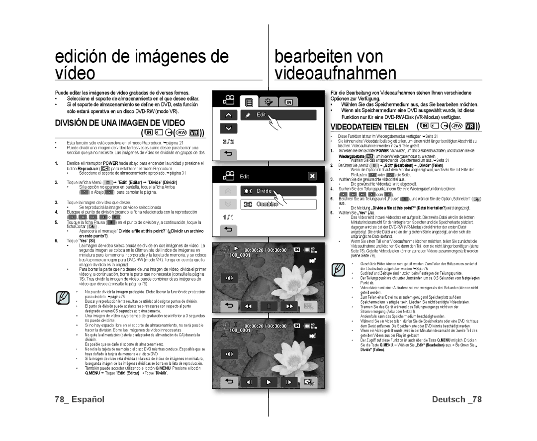 Samsung VP-DX10/XEF Edición de imágenes de Bearbeiten von Vídeo Videoaufnahmen, División DE UNA Imagen DE Video, Rwvr 