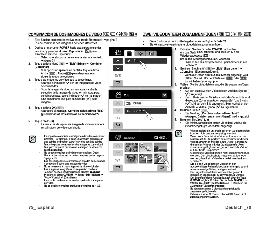 Samsung VP-DX10/XEO, VP-DX10/XEF manual Zwei Videodateien Zusammenfügen, Puede combinar dos imágenes de vídeo diferentes 