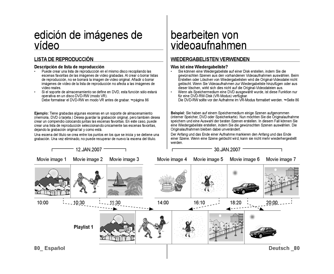 Samsung VP-DX10/XEE, VP-DX10/XEF manual Edición de imágenes de vídeo, Lista DE Reproducción, Wiedergabelisten Verwenden 