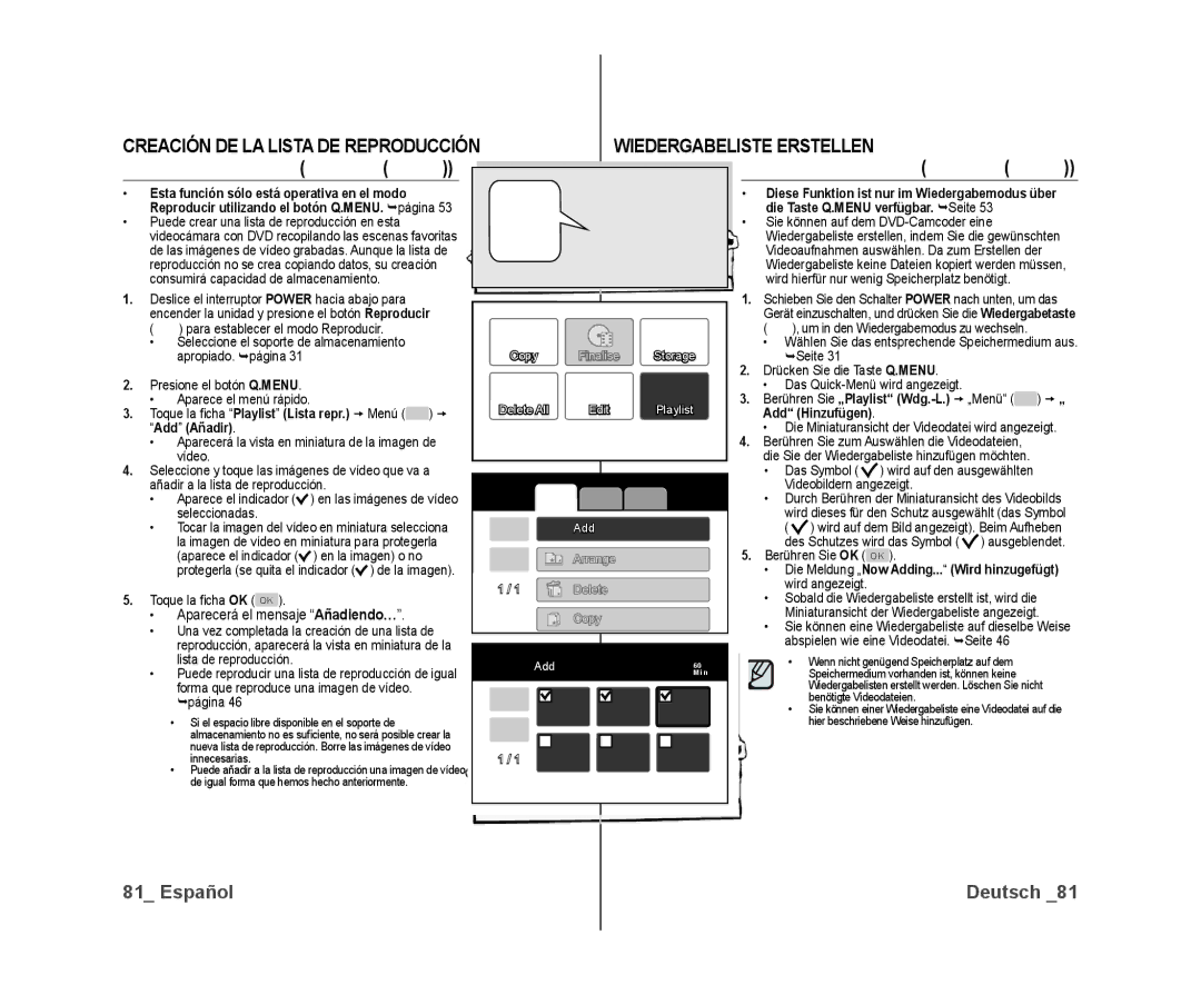 Samsung VP-DX10/XEF, VP-DX10/XEO Creación DE LA Lista DE Reproducción, Wiedergabeliste Erstellen, Über, Add Hinzufügen 