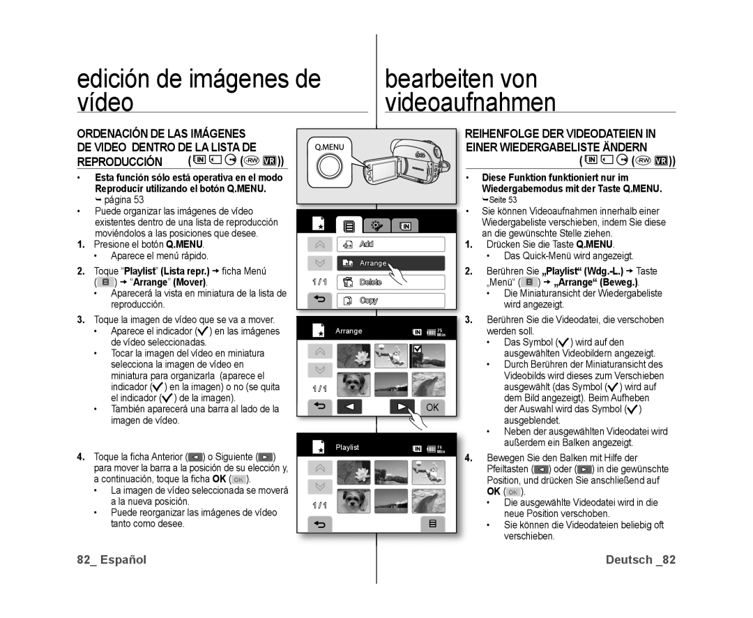 Samsung VP-DX10/XEO, VP-DX10/XEF manual Reproducción -RWVR, Reihenfolge DER Videodateien, Einer Wiedergabeliste Ändern 