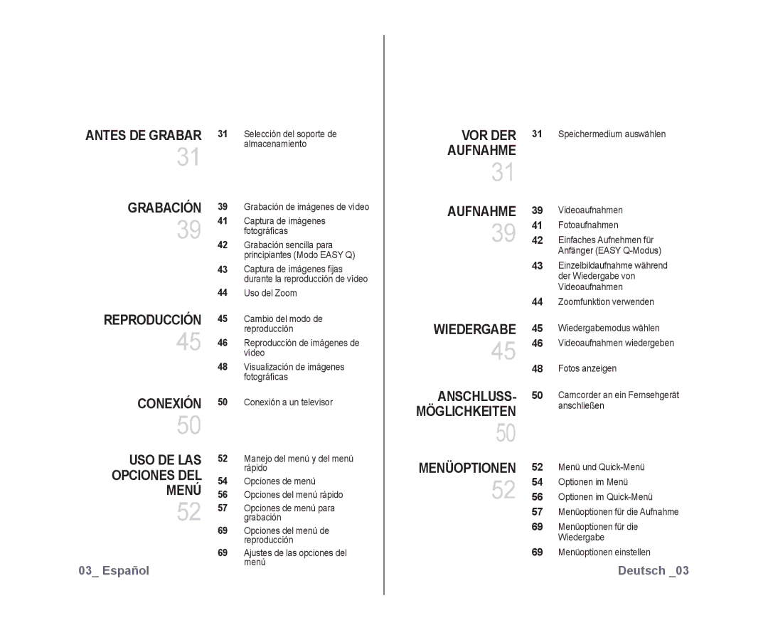 Samsung VP-DX10/XEF, VP-DX10/XEO, VP-DX10/XEE manual ANSCHLUSS- Möglichkeiten, Menüoptionen 