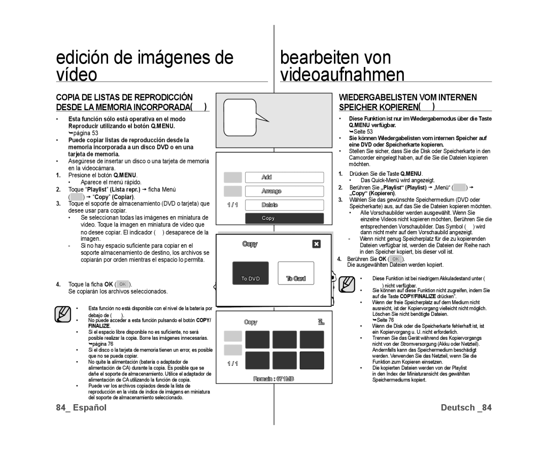 Samsung VP-DX10/XEF, VP-DX10/XEO, VP-DX10/XEE manual Toque Playlist Lista repr.  ﬁ cha Menú  Copy Copiar 