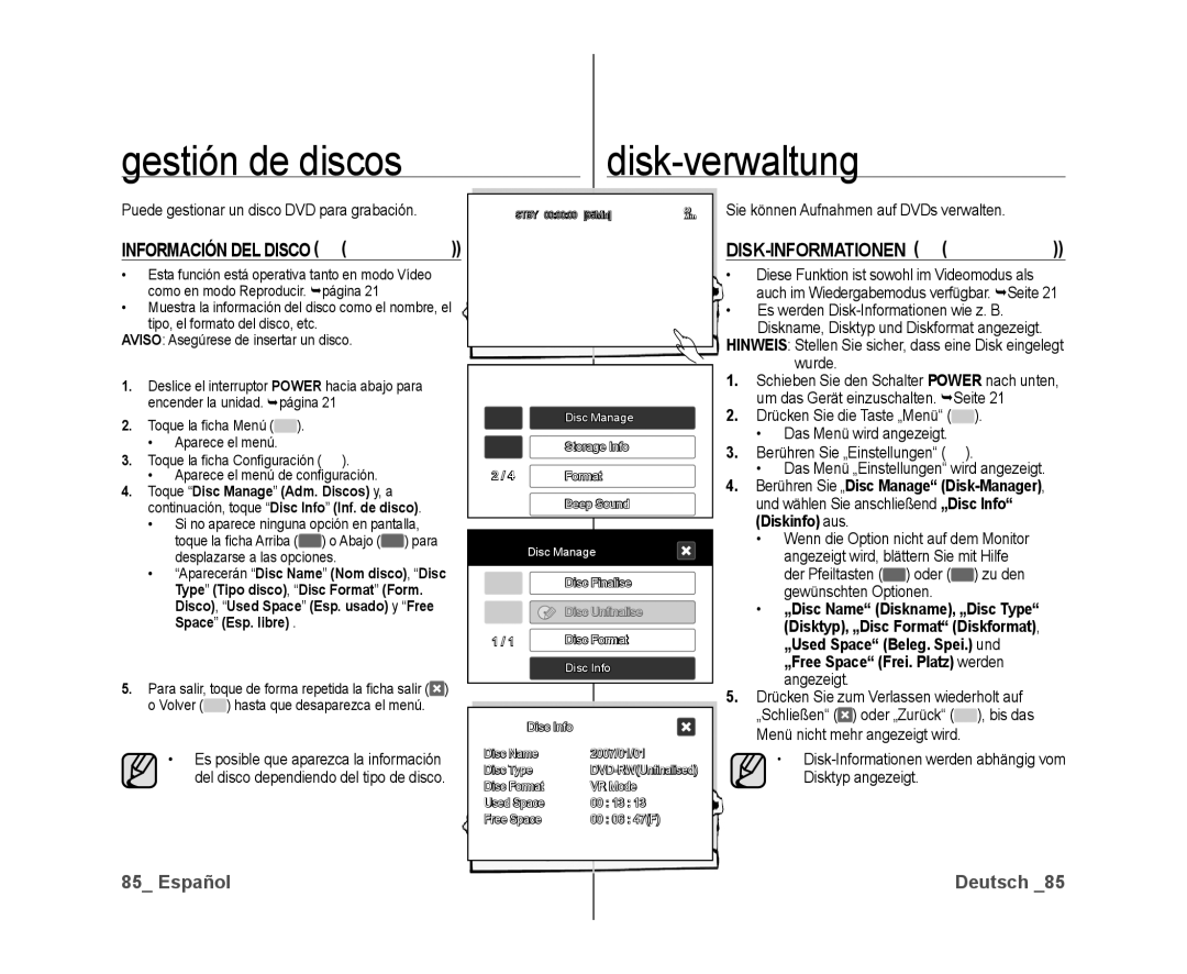 Samsung VP-DX10/XEO, VP-DX10/XEF manual Gestión de discos Disk-verwaltung, Disk-Informationen -Rw +Rw -R +R Dl, Diskinfo aus 