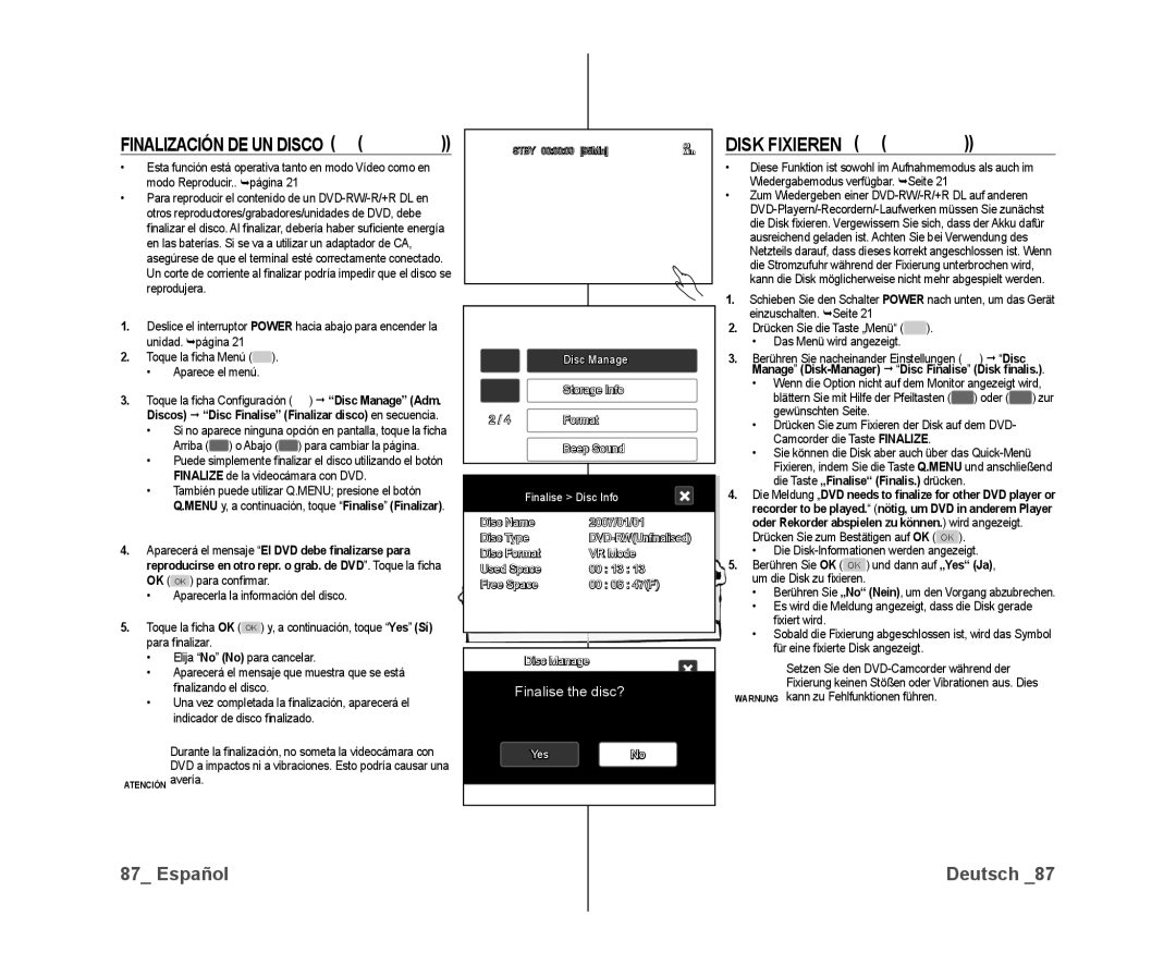 Samsung VP-DX10/XEF, VP-DX10/XEO, VP-DX10/XEE manual Disk Fixieren 