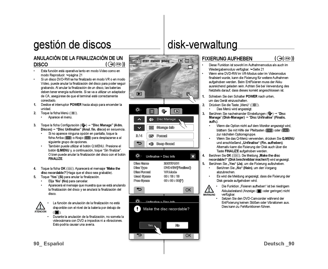 Samsung VP-DX10/XEF, VP-DX10/XEO, VP-DX10/XEE manual Disco -RW, Fixierung Aufheben 