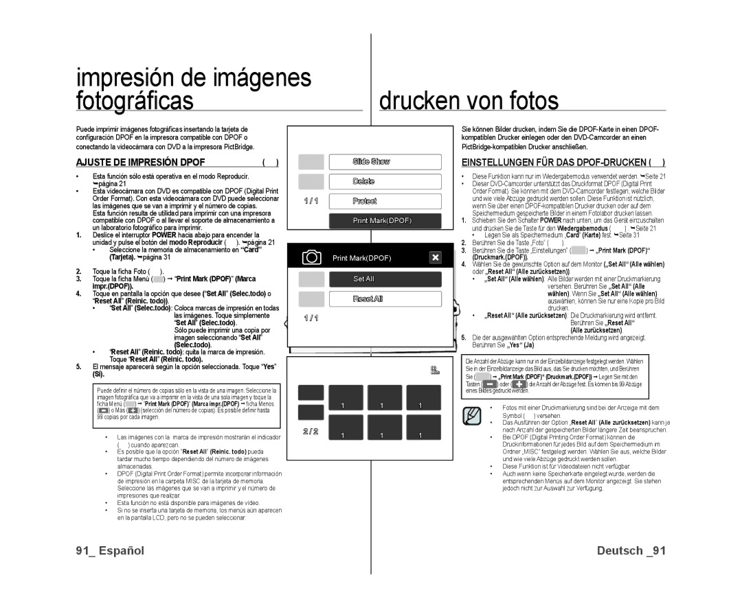 Samsung VP-DX10/XEO, VP-DX10/XEF, VP-DX10/XEE manual Impresión de imágenes, Fotográﬁ cas 