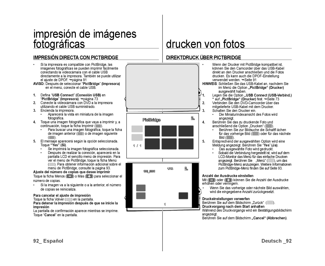 Samsung VP-DX10/XEE, VP-DX10/XEF, VP-DX10/XEO manual Impresión de imágenes Drucken von fotos Fotográﬁ cas 