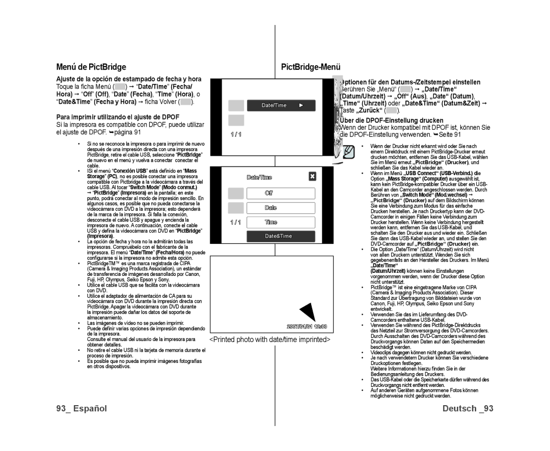 Samsung VP-DX10/XEF manual Menú de PictBridge, Ber die DPOF-Einstellung drucken, Para imprimir utilizando el ajuste de Dpof 