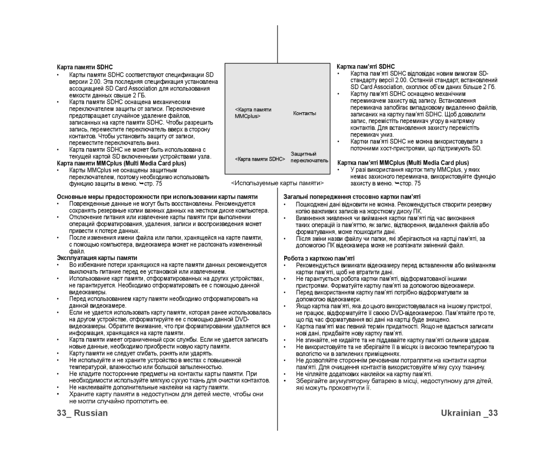 Samsung VP-DX10/XER, VP-DX10/XEK manual Карта памяти Sdhc, Карта памяти MMCplus Multi Media Card plus, Картка пам’яті Sdhc 