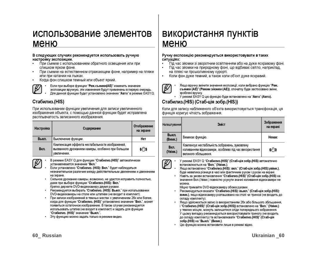 Samsung VP-DX10/XEK, VP-DX10/XER manual Стабилиз.HIS Стаб-ція зобр.HIS, Выключение функции, Увеличении, Вимикає функцію 