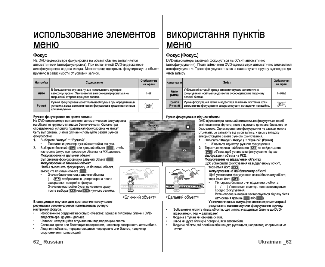 Samsung VP-DX10/XEK, VP-DX10/XER manual Фокус Фокус, Ближний объект Дальний объект 