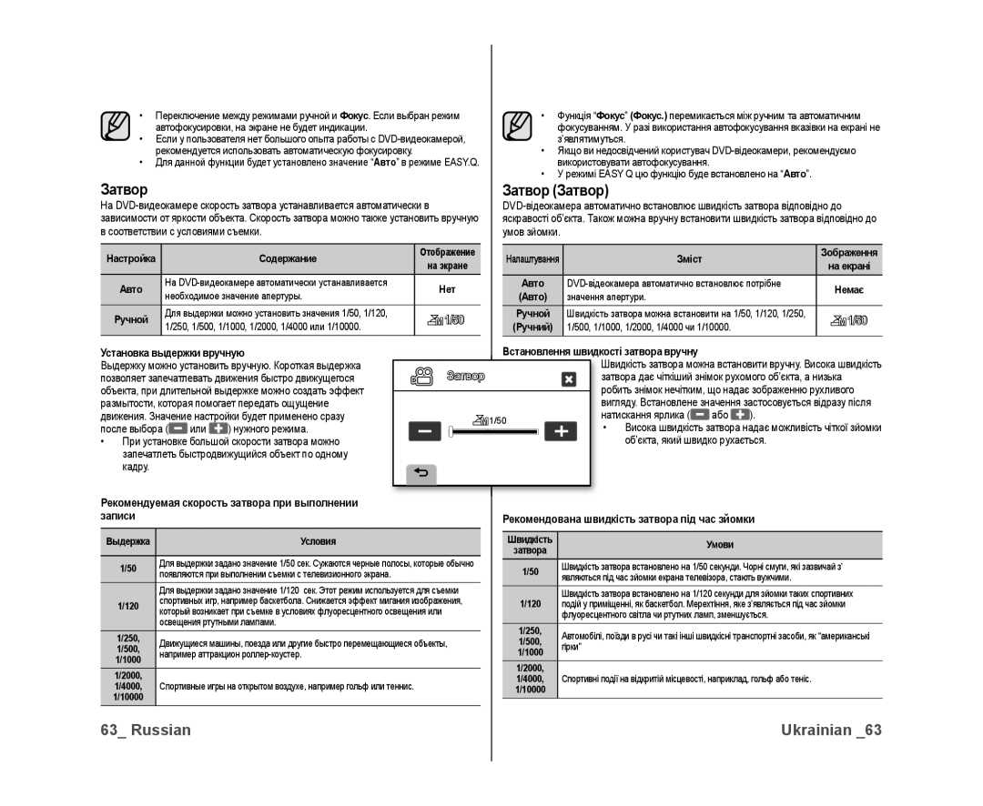 Samsung VP-DX10/XER, VP-DX10/XEK manual Затвор Затвор, Установка выдержки вручную 