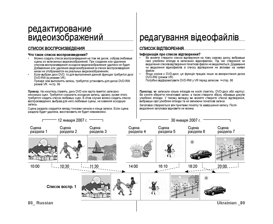 Samsung VP-DX10/XEK, VP-DX10/XER manual Редактирование Видеоизображений, Список Воспроизведения, Список Відтворення 