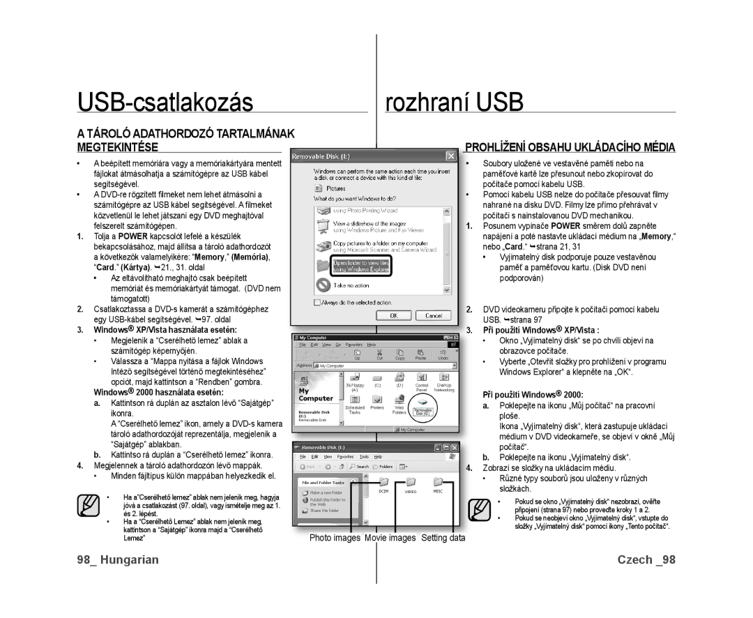 Samsung VP-DX10/XEO manual USB-csatlakozás Rozhraní USB, Tároló Adathordozó Tartalmának Megtekintése 