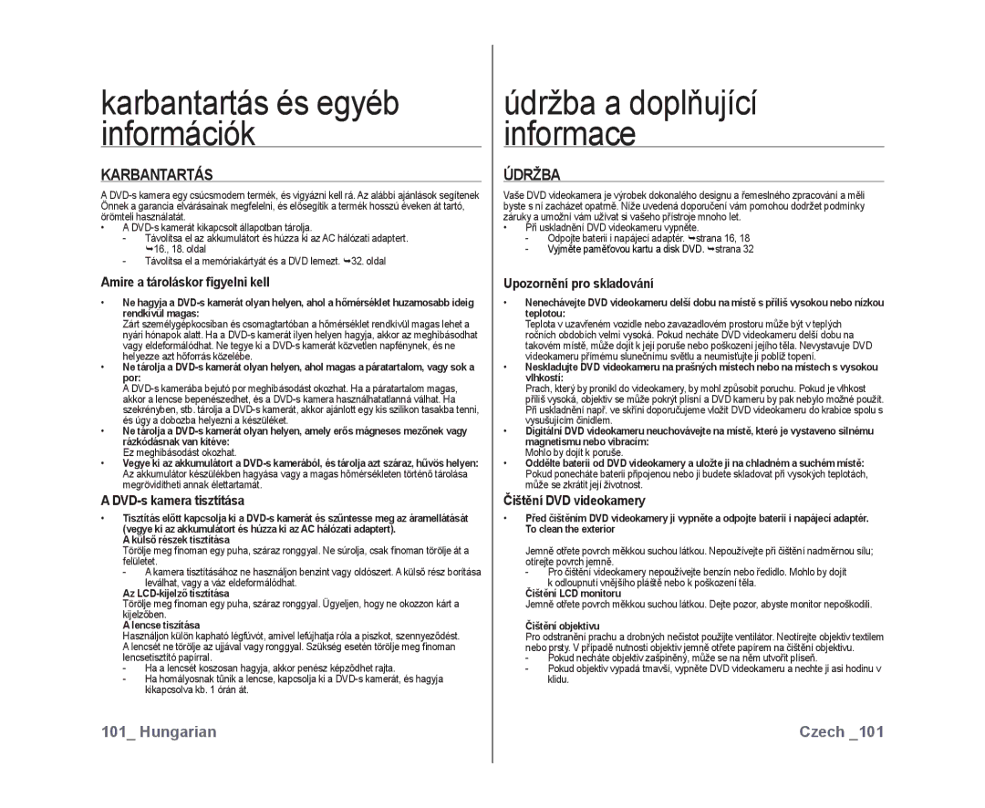 Samsung VP-DX10/XEO manual Karbantartás és egyéb információk, Údržba 