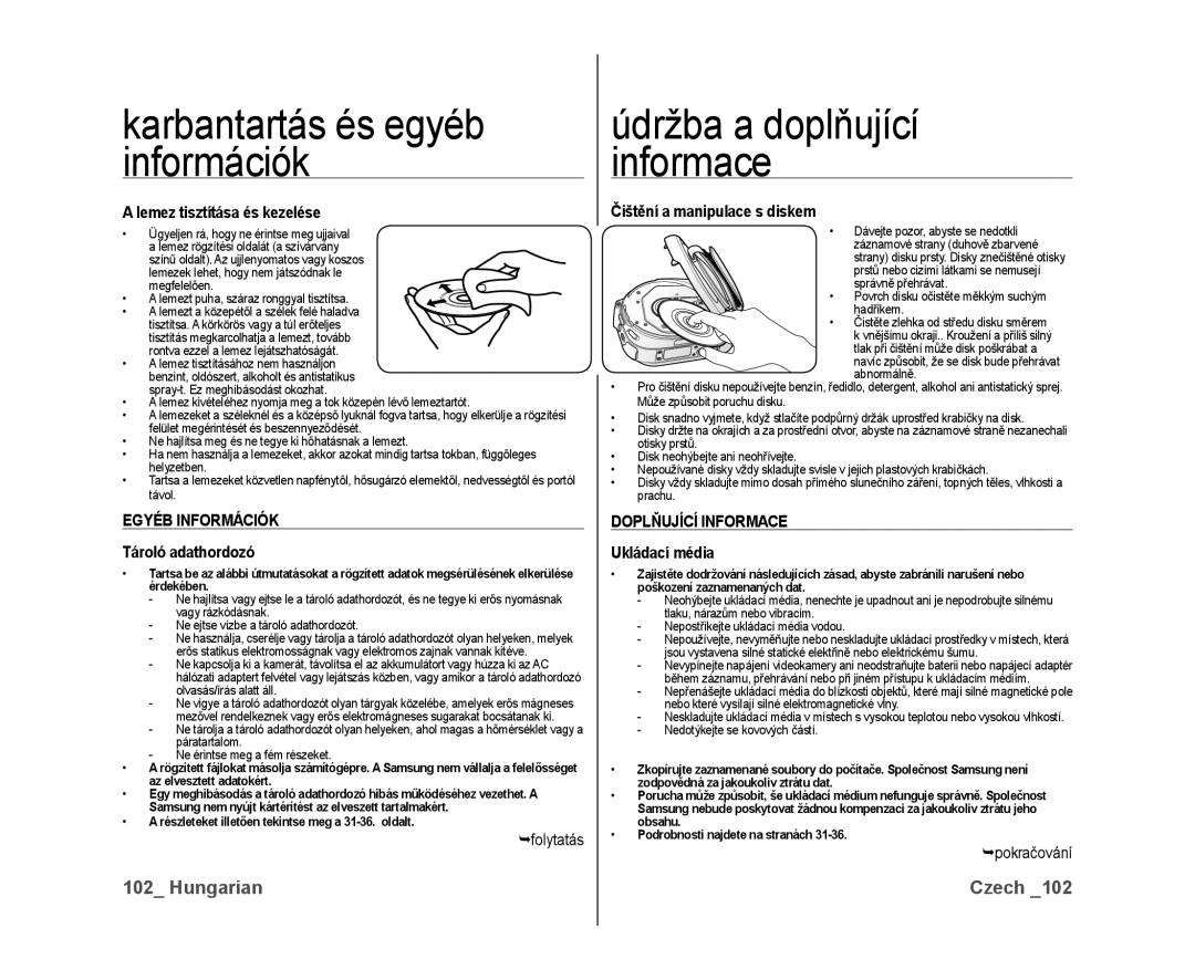 Samsung VP-DX10/XEO manual Lemez tisztítása és kezelése, Tároló adathordozó, Čištění a manipulace s diskem, Ukládací média 