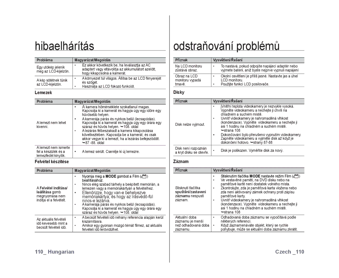 Samsung VP-DX10/XEO manual Lemezek, Ellenőrizze, hogy van-e behelyezve, Nincs-e lezárva, Disky, Záznam 