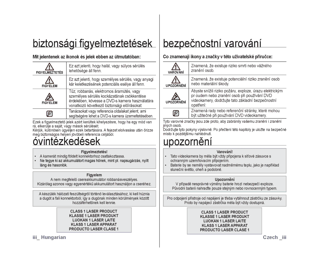 Samsung VP-DX10/XEO manual Óvintézkedések, Bezpečnostní varování, Upozornění 