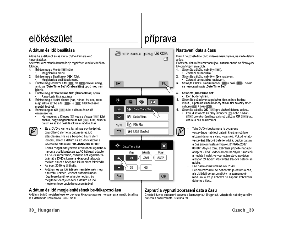 Samsung VP-DX10/XEO manual Dátum és idõ beállítása, Nastavení data a času, Zapnutí a vypnutí zobrazení data a času 