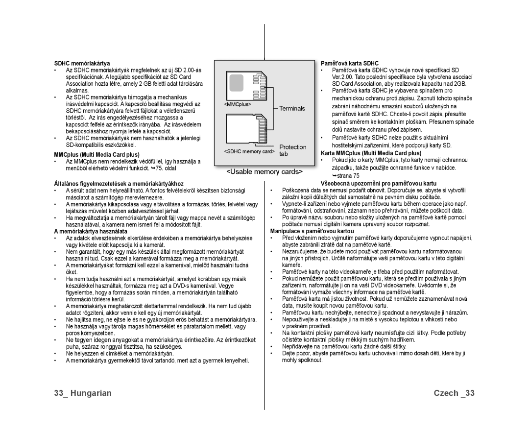 Samsung VP-DX10/XEO manual Usable memory cards, Sdhc memóriakártya Paměťová karta Sdhc, MMCplus Multi Media Card plus 