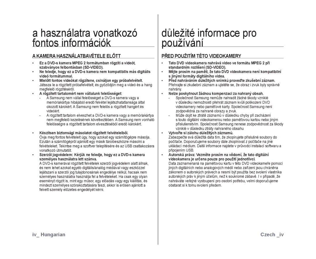 Samsung VP-DX10/XEO manual Důležité informace pro používání, Kamera Használatbavétele Előtt, Před Použitím Této Videokamery 