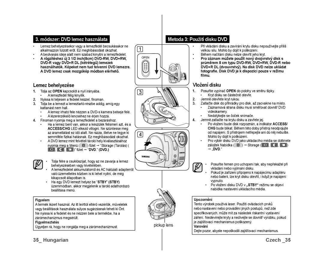 Samsung VP-DX10/XEO manual Lemez behelyezése, Vložení disku, Pickup lens 