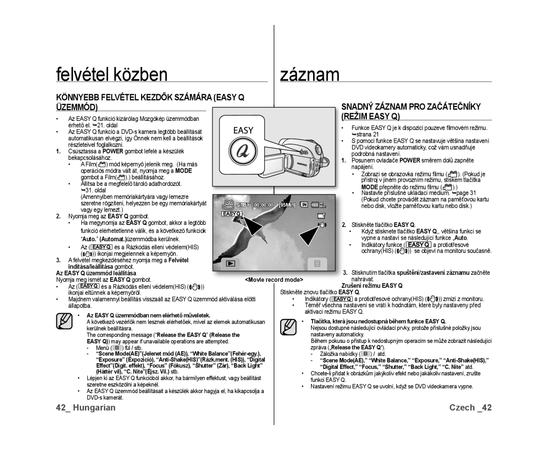 Samsung VP-DX10/XEO manual Könnyebb Felvétel Kezdők Számára Easy Q, Indítása/leállítása gombot 