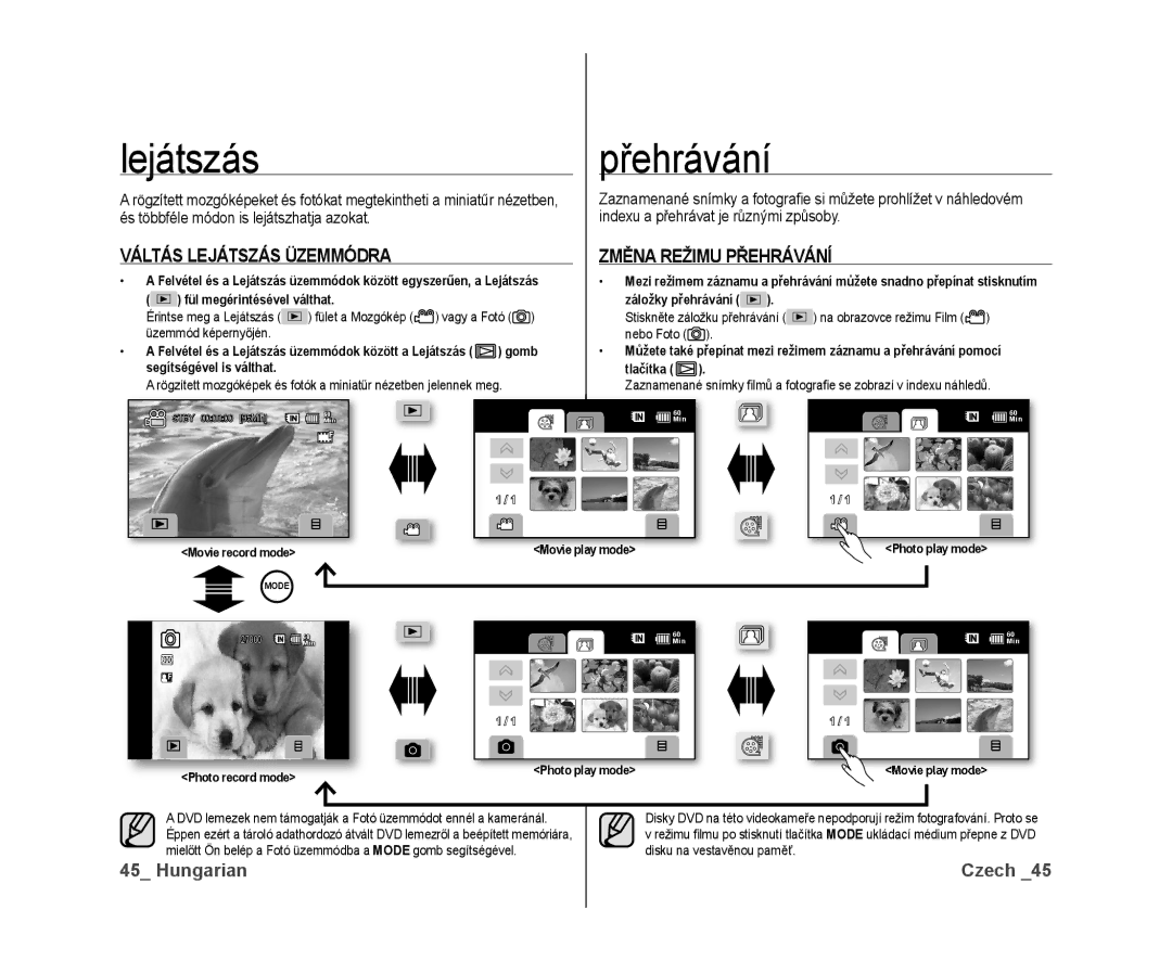 Samsung VP-DX10/XEO manual Váltás Lejátszás Üzemmódra, Změna Režimu Přehrávání 