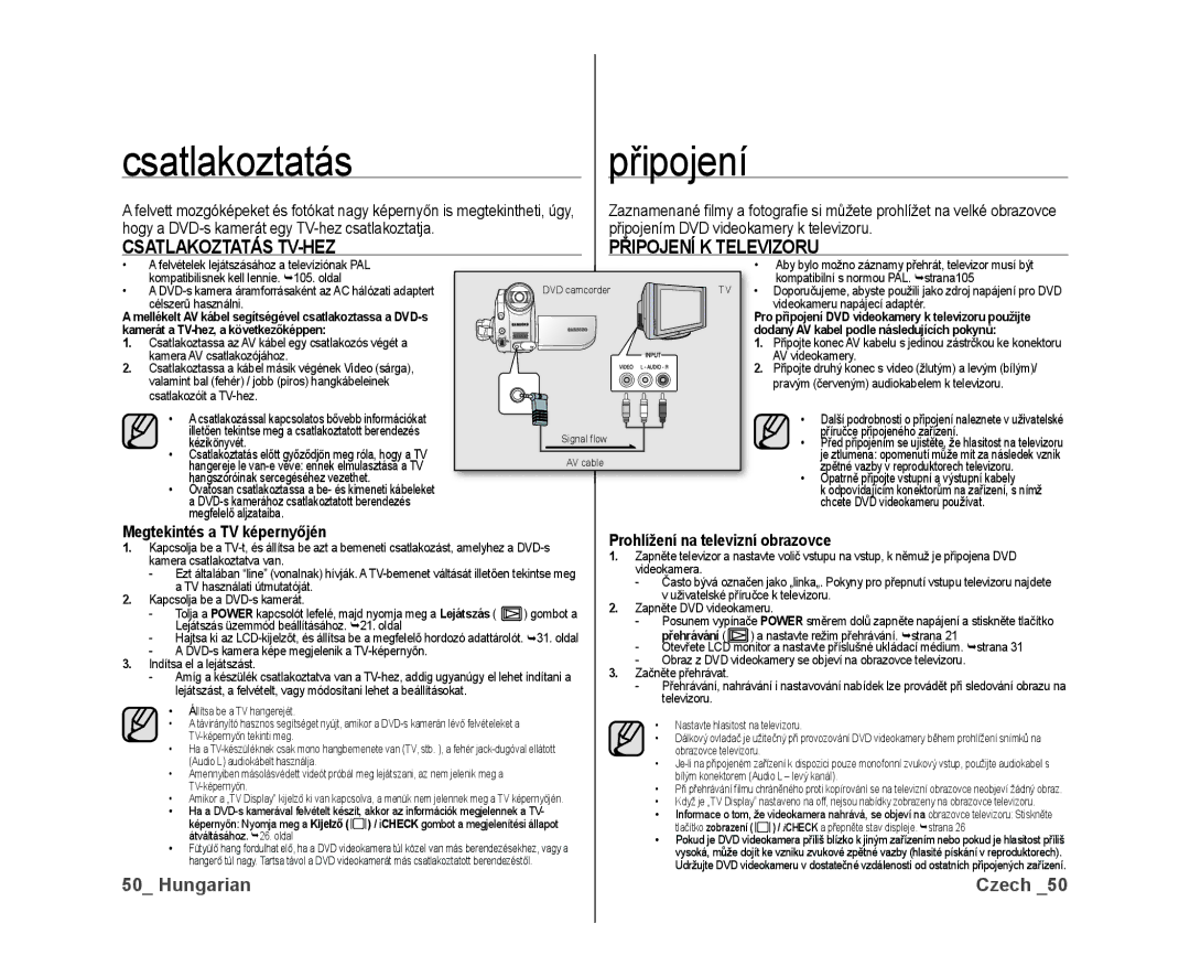 Samsung VP-DX10/XEO manual Csatlakoztatás Připojení, Csatlakoztatás TV-HEZ Připojení K Televizoru 