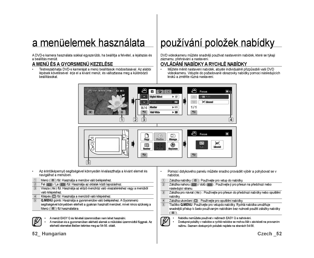 Samsung VP-DX10/XEO manual Používání položek nabídky, Menü ÉS a Gyorsmenü Kezelése, Ovládání Nabídky a Rychlé Nabídky 