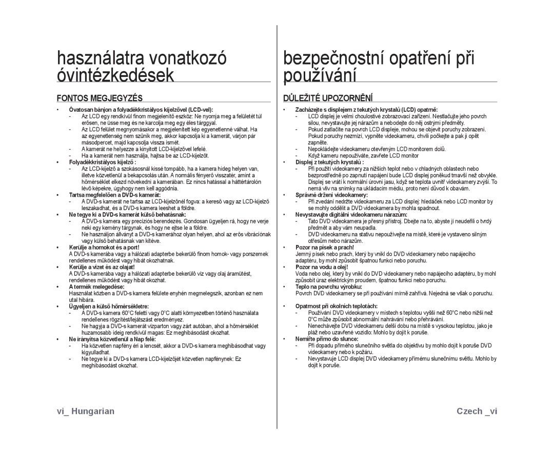 Samsung VP-DX10/XEO manual Bezpečnostní opatření při používání, Fontos Megjegyzés, Důležité Upozornění 