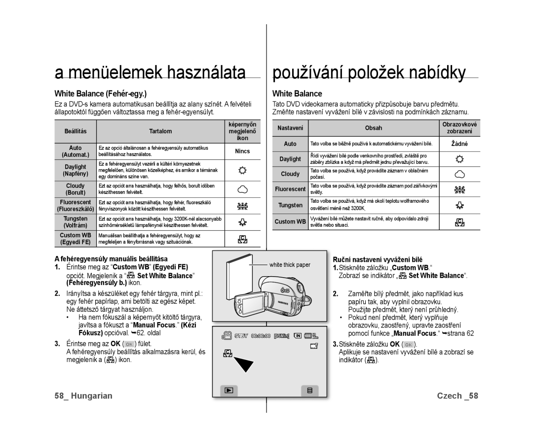 Samsung VP-DX10/XEO manual Menüelemek használata používání položek nabídky, White Balance Fehér-egy 