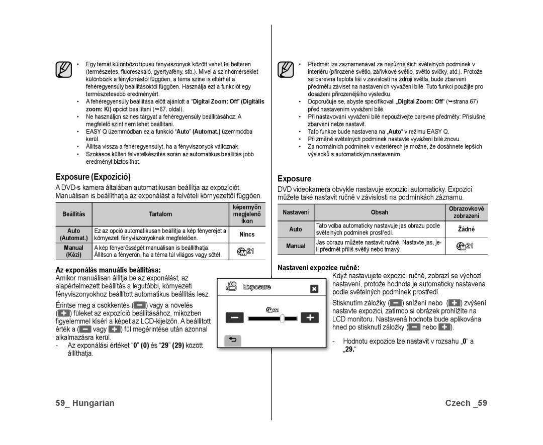 Samsung VP-DX10/XEO manual Exposure Expozíció, Az exponálás manuális beállítása, Nastavení expozice ručně 