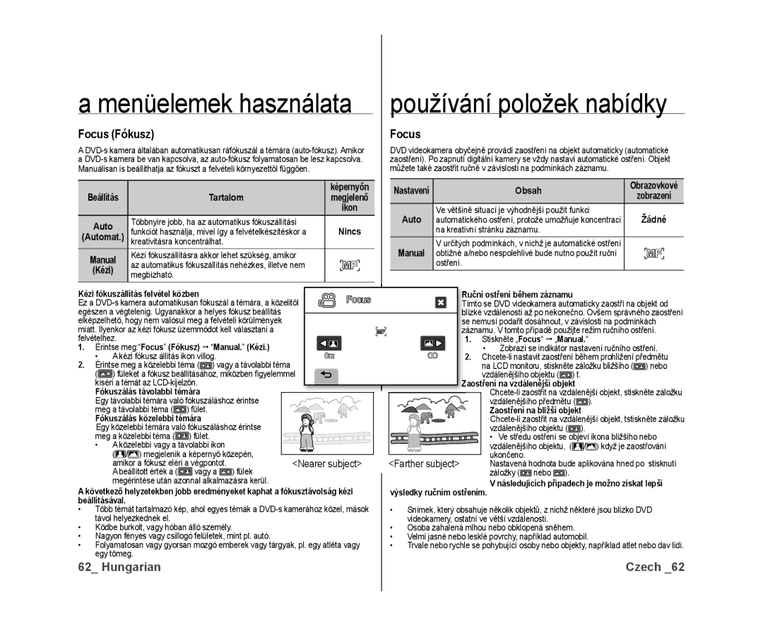 Samsung VP-DX10/XEO manual Focus Fókusz, Nearer subject 