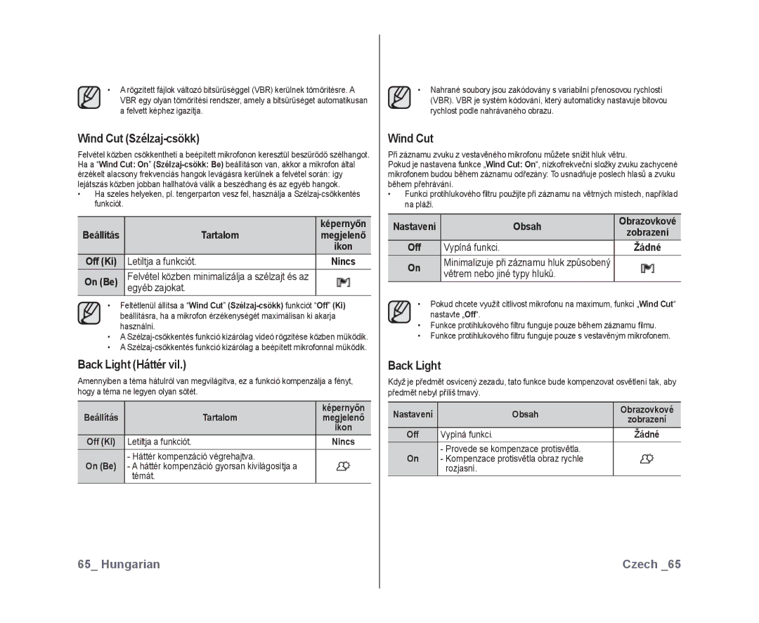 Samsung VP-DX10/XEO manual Wind Cut Szélzaj-csökk, Back Light Háttér vil 